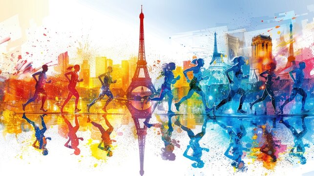 Vibrant vector illustration of marathon runners running past the Eiffel Tower in Paris
