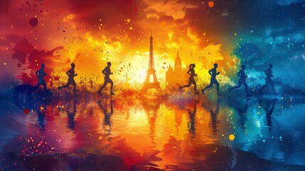 Vibrant vector illustration of marathon runners running past the Eiffel Tower in Paris - obrazy, fototapety, plakaty