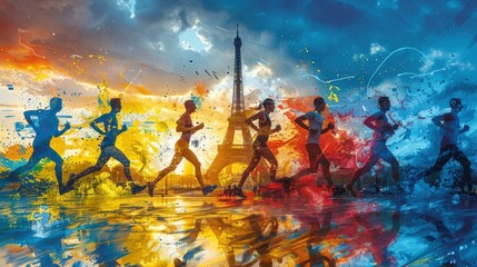 Vibrant vector illustration of marathon runners running past the Eiffel Tower in Paris - obrazy, fototapety, plakaty