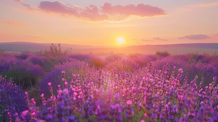 Fototapeta premium Vast lavender fields bloom in the pastel rays of the rising sun, the gentle warmth of a summer morning