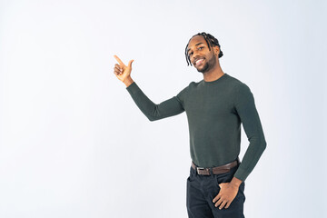 black man pointing at white background