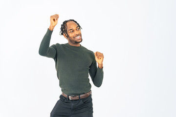 black man dancing in front of a white background