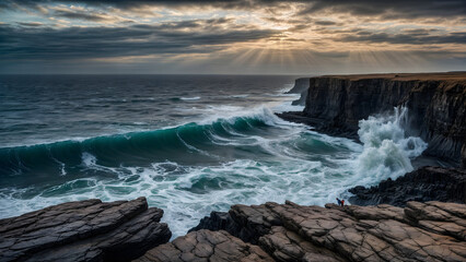 Obraz premium waves crashing on rocks,A large wave crashes against the rocky cliffs under a cloudy sky.