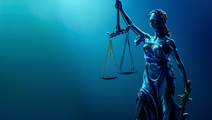 Lady Justice Holding Scales Aloft with Ethereal Blue Lighting