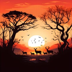 Sunset Silhouette: Silhouettes of trees and animals against a warm and vibrant sunset