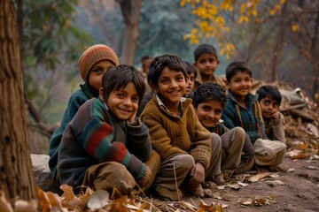 Indian children sitting on the ground in the autumn forest, India. - Powered by Adobe