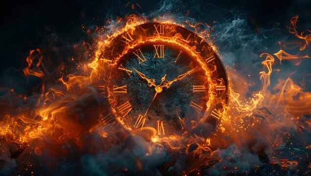 Time running out, a clock exploding in flames