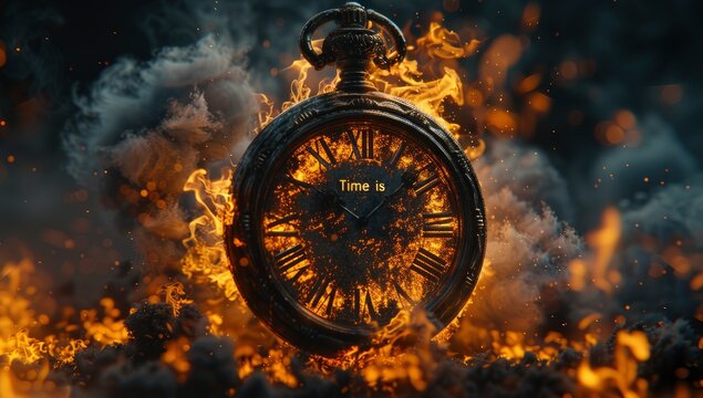 Time running out, a clock exploding in flames