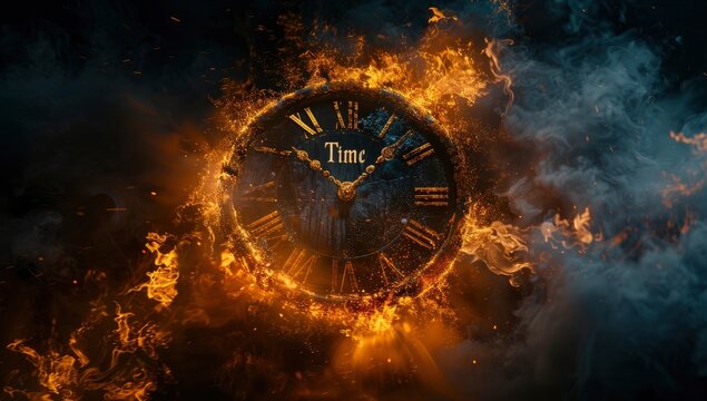 Time running out, a clock exploding in flames