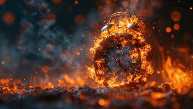 Time running out, a clock exploding in flames