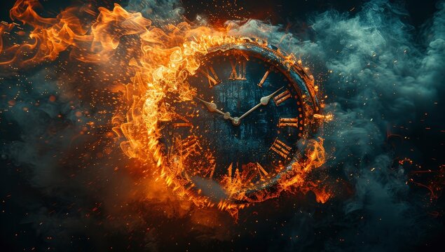 Time running out, a clock exploding in flames