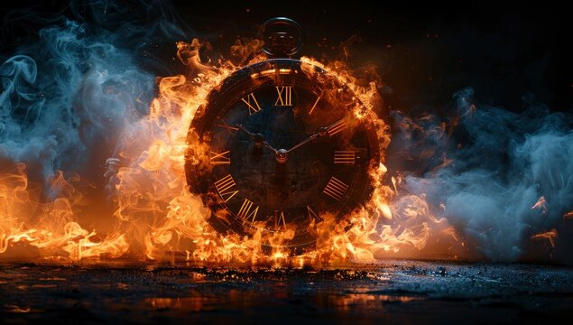Time running out, a clock exploding in flames