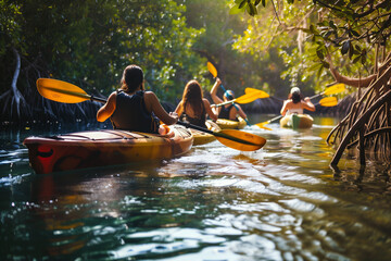 Kayakers Paddle Together During a Tranquil River Expedition