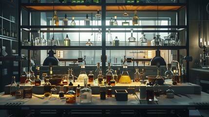 Vibrant Laboratory Scene: Assorted Chemical Solutions in High-Quality Imagery