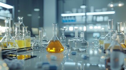 Vibrant Laboratory Scene: Assorted Chemical Solutions in High-Quality Imagery