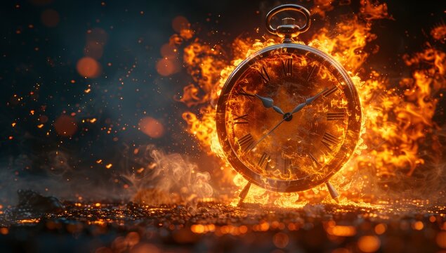 Time running out, a clock exploding in flames