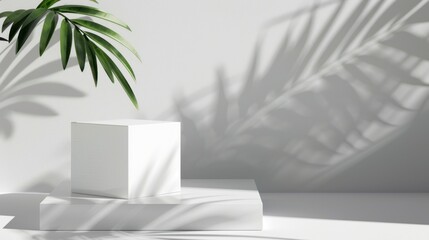 White porous cube, square podium with leaves and shadows on a white gray background. Conceptual scene, showcase for a new product, presentation, sale, advertisement, banner, cosmetics.
