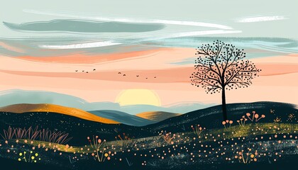 A peaceful rural landscape at sunset, glowing orange and pink hues above a silhouette of rolling hills and a lone tree, ideal for themes of nature and tranquility, with space for text on the sky