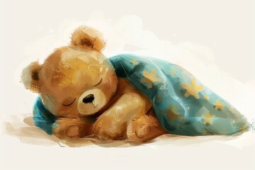 Charming illustration of a sleepy teddy bear cuddled up under a blanket, ready for bedtime and lullabies