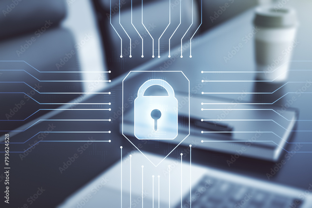 Poster creative idea concept with lock symbol and microcircuit illustration on modern laptop background. pr