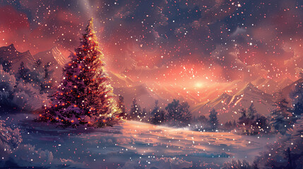 A Christmas tree is lit up with lights and a star on top. The scene is set in a snowy forest, with trees and snow covering the ground. Concept of warmth and holiday cheer