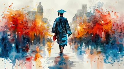 Graduate in cap and gown walking on watercolor background. Mixed media