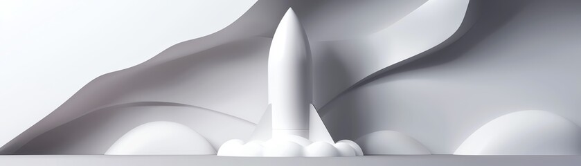 Black and white photograph of a rocket model, showcasing a minimalist aesthetic with its unadorned, geometric shapes and absence of color