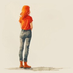Woman standing pensive contemplating looking skeptical. Hand drawn style modern illustration. - obrazy, fototapety, plakaty