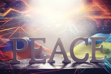 Double exposure Peace Word Written In Wooden Letters and abstract technology background. International conflict, American hegemony, War. - obrazy, fototapety, plakaty