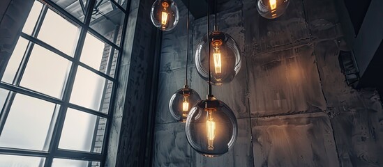 Building interior with multiple light fixtures hanging from ceiling and a window