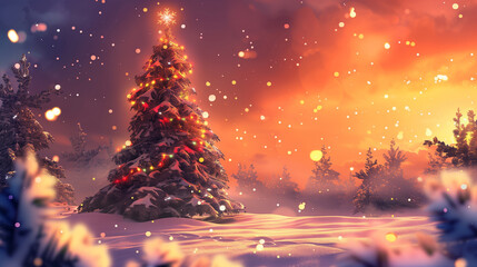 A Christmas tree is lit up with lights and a star on top. The scene is set in a snowy forest, with trees and snow covering the ground. Concept of warmth and holiday cheer