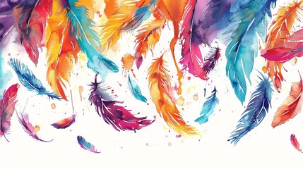 Colorful bohemian feathers bringing joy and vibrancy to a blank white canvas - obrazy, fototapety, plakaty