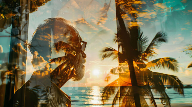 Old retired sedentary man thinking about need to escape or travel with a senior male letting see tropical beach palm trees in background - Powered by Adobe
