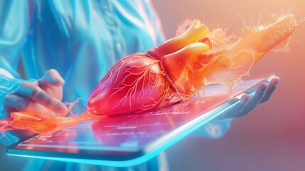 Doctor in a research facility holding a human heart, discussing breakthroughs in cardiac treatment with a colleague over a digital tablet