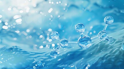 Naklejka na ściany i meble Hydrated Hyaluronic Acid Molecules: Blue Molecular Structure in Water Background