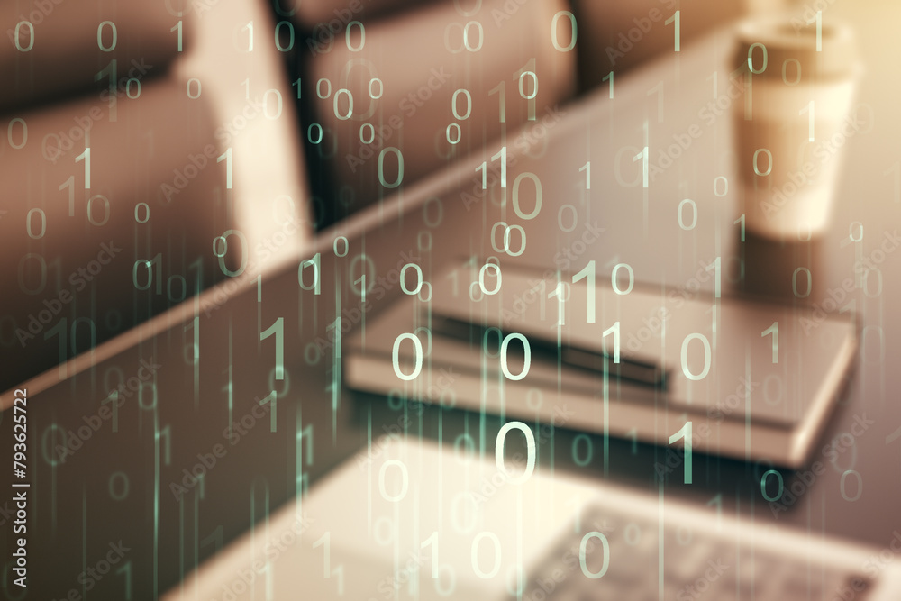 Poster Creative abstract binary code hologram on modern computer background, AI and machine learning concept. Multiexposure