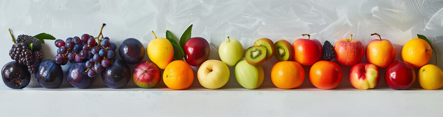 A stunning display of assorted fruits and vegetables arranged in a gradient of colors, resembling a vibrant rainbow, against a grey background with high-key lighting.
 - obrazy, fototapety, plakaty