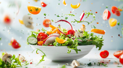 Fresh salad with flying vegetables. Healthy food