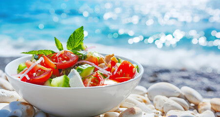 Greek salad in bowl with vegetables. Healthy food
