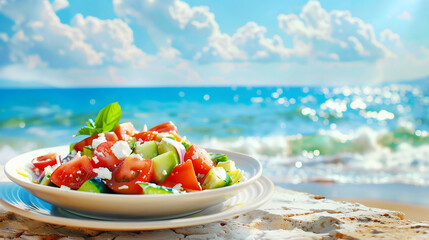Greek salad in bowl with vegetables. Healthy food