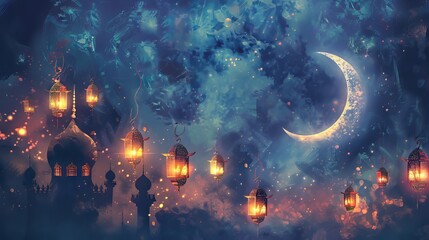 Creative design featuring the crescent moon and lanterns to symbolize the start of the Muslim lunar calendar