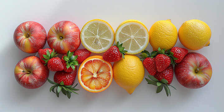 A photorealistic 3D render featuring a composition of one orange, two apples, a small box of strawberries, and a lemon, beautifully arranged to create an eye-catching display of fresh fruits.
