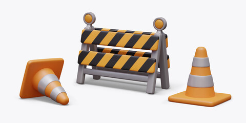 Set of temporary elements for emergency fencing. Signal cones, foldable barrier