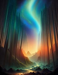 どこかの世界の神秘的な場所の植物から見える夜空