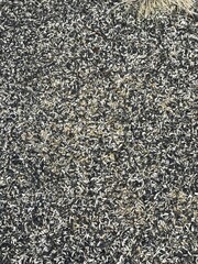 The open skin of sunflower seeds eaten by birds and yellow millet. Background of food feeding birds at the feeder. Close-up