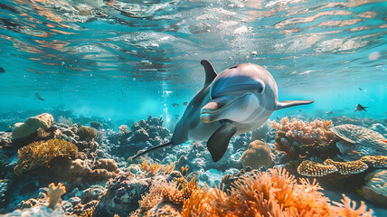 Dolphin underwater on reef