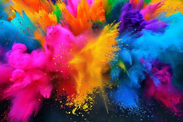 Vivid holi paint powder explosion  a symphony of multicolored chaos against black background