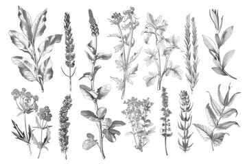 A set of black and white drawings of various plants and flowers
