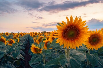Sunflowers bloom brightly, their golden petals turning towards the sun. Symbolizing joy and...