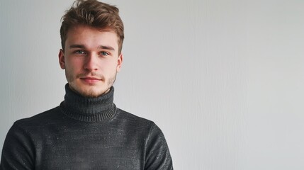 Obraz premium A young Eastern European engineer with light stubble, wearing a turtleneck, looking contemplative and introspective, against a seamless white background, styled as a modern, minimalist ID.
